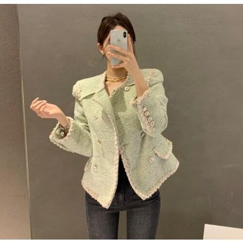 2021 Womens Autumn New Retro Small Fragrance Tweed Coat O-Neck Double-Breasted Short Jackets