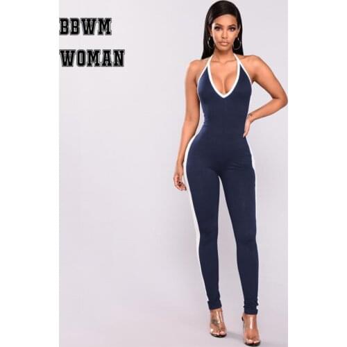 2018 Stripe Fashion Sexy Siamese Pants One Piece Streetwear Women Jumpsuit Deep V Neck Bodycon Rompers ZO634