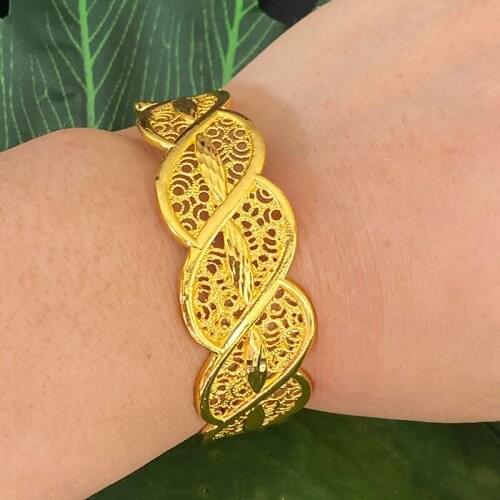 24k Trendy Big Bracelet Gold Color Copper Curved Shape Indian Bangle for Women African Jewelry Saudi Arabia Dubai Wedding Gifts