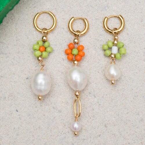Bohemian summer handmade boho Three gold plated hoops Glass beads Freshwater pearls daisy flowerTRIO SET earrings for women