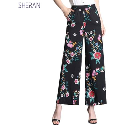 SHERAN Black Printed Wide Leg Pants Summer Thin Temperament Straight Woman Vintage High Waist Trousers Femme Casual loose Pants