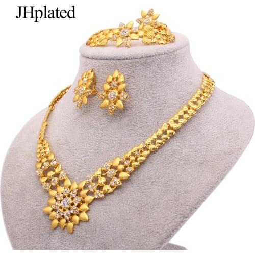 Dubai custom 24K Gold plated filled Jewelry sets Necklace earrings Bracelet ring bridal wedding jewelery set gifts for women