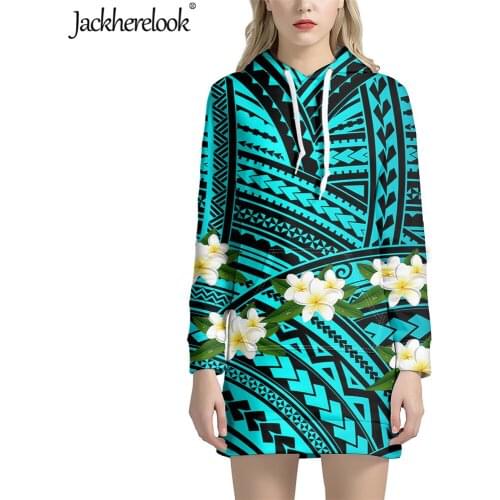 Jackherelook Polynesian Tribal Hawaii Hibiscus Plumeria Print Loose Hoodies Pullover Sweatshirt Dress Women Long Tops Clothing