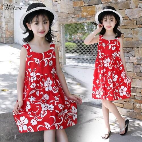 Weixu Children Girls Summer Beach Dresses Red Flower Printed Cotton Casual Sleeveless Dress for Teenager Girl 6 7 8 10 Years Old