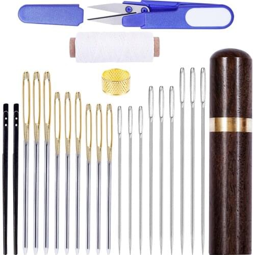 MIUSIE 24 PCS Large Eye Sewing Needles Blunt Needle and Sharp Needle Waxed Thread Thimble Scissors with Bottle for Hand Sewing