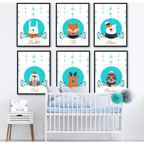 Cartoon Raccoon Rabbit Fox Deer Bear Snowflake Wall Art Canvas Painting Nordic Posters And Prints Wall Pictures Kids Room Decor