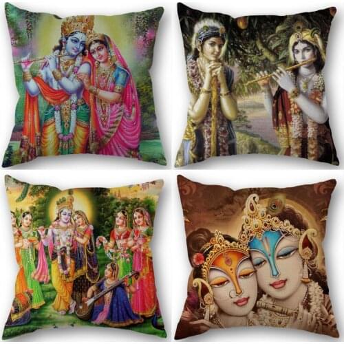 Radha Krishna Pillowcase Cotton Linen Fabric Square Zippered Pillow Cover For Home Wedding Decoration 45X45cm Not Fade 1210