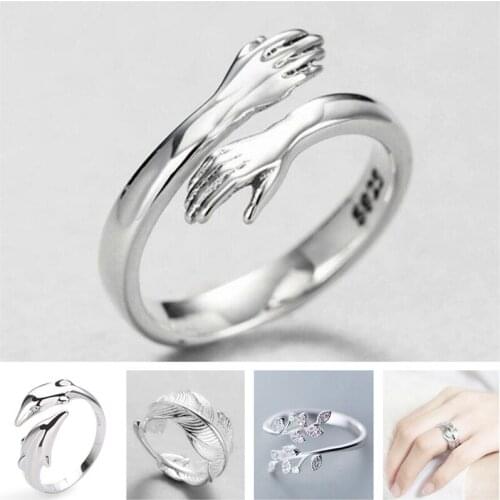 New Hug Arm Couple Ring Leaf Shape Open Ring for Women Cute Dolphin Copper Silver Plated Adjustable Rings Fashion Finger Jewelry