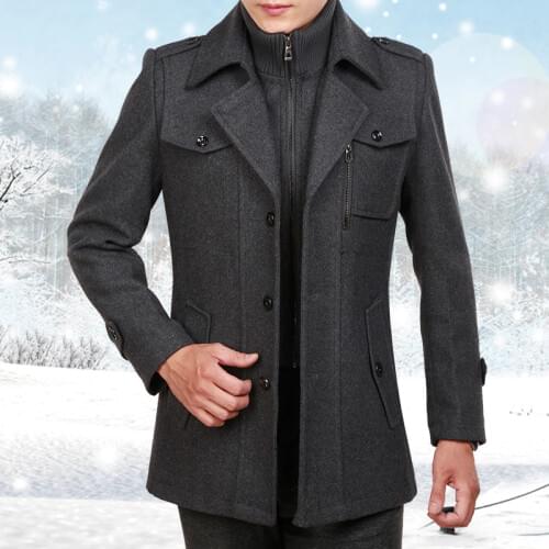 New Mens Wool Blend Coat Long Sleeve Stand Collar Business Casual Jacket Thick Warm Plus Size Male Outwear H18