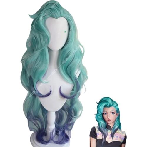 Seraphine Cosplay Wig LOL KDA Cosplay Loose Wave Green Gradient Cheongsam Style Wigs Heat Resistant Synthetic Hair Game Cos