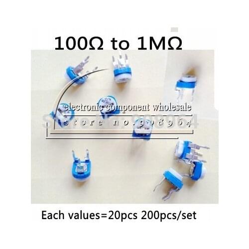 200pcs/set 10 Values Potentiometer Trimpot Variable Resistor Assortment 100ohm to 1M