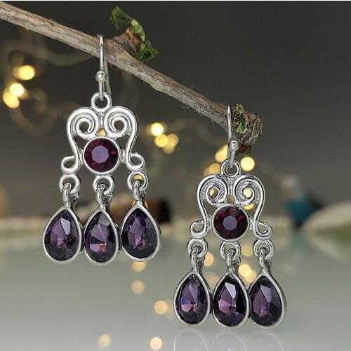 Fashion Purple Crystal Pendant Tassel Earrings Geometric Silver Color Spiral Metal Stone Earrings Women Female Statement Jewelry