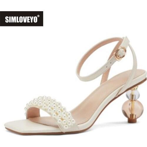SIMLOVEYO 2021 New Summer String Bead Genuine Leather Elegant Sandals Strange High Heel Ankle Strap Buckle Women Shoes B2642