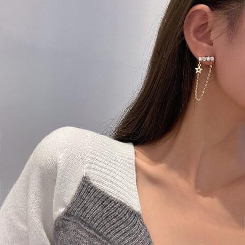 TIMEONLY Korean Fashion Star Imitation Pearl Dangle Earring Shiny Earring for Women Ladies Hollow Chain Earrings Simple Jewelry