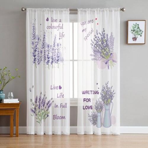 Watercolor Purple Flower Lavender White Voile Tulle Sheer Curtains for Bedroom Living Room Kitchen Decor Chiffon Windows Curtain