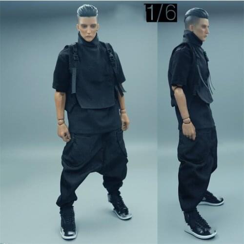 Scale 1/6th CROWTOYS Trendy Black Hip Hop Dancing Vest Short Sleeves Pants Trousers For Usual 12inch Doll Action Collectable