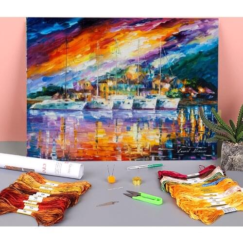 Boats By The Island Printed Water-Soluble Canvas 11CT Cross Stitch Embroidery Set DMC Threads Needlework Handicraft Stamped