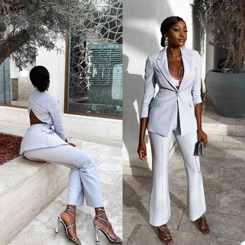 Sexy Back Hollow Women Suits Single Button Slim Fit Pocket Blazer Flare Pants Streetwear Office Lady Daily Coat 2 Pieces