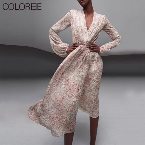Runway Designers Dress Women 2021 Summer Vintage V-neck Lantern Sleeve Floral Printed Midi Dresses Chiffon