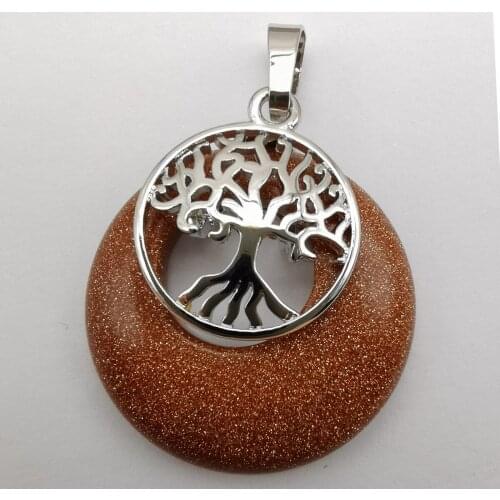 Golden Sandstone Stone GEM Circle Tree of life Pendant Jewelry For Woman Gift S308