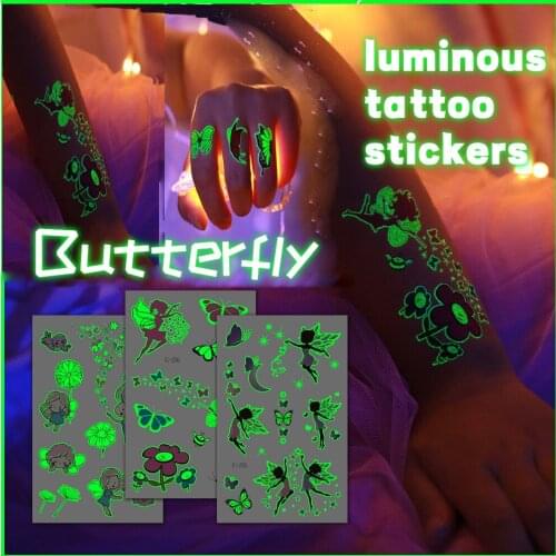 1pcs Kid Cartoon Butterfly Luminous Tattoo Stickers Waterproof Fairy Childrens Tattoo Stickers Fun Glowing Temporary Tattoos