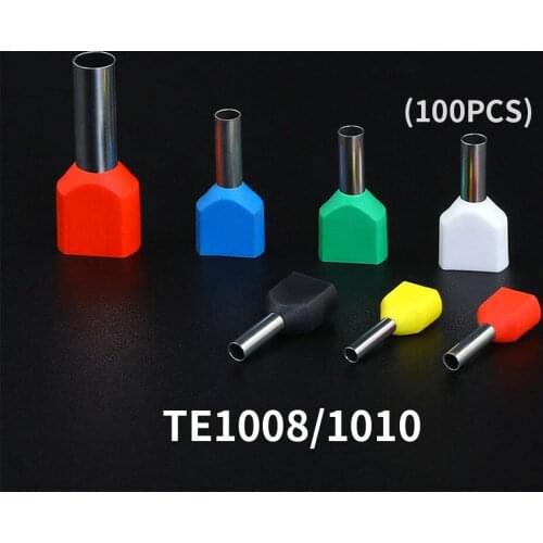 100PCS TE1008 TE1010 Type Double Pipe Insulated Twin Cord Cold-press Terminal Block Connector Needle End Multicolor 2X1.0mm2