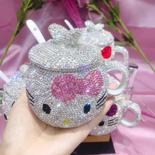 350ml Kawaii Mug All Rhinestones Kitty Coffee Mugs Ceramic Coffee Mug with Lid Cat Bling Gifts for Girlfriend Cute Cups Tea Cup