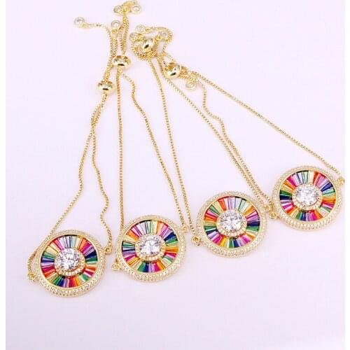 6PCS, Brilliant Rainbow Crystal Charm CZ Micro Pave Bracelets Colorful Zirconia Link Chain Lady Girl Fashion Jewelry Gifts