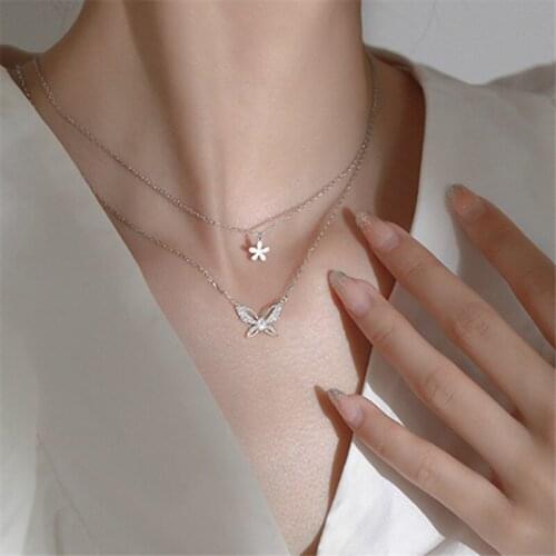 925 Sterling Silver Link Chain Double Layer Butterfly Charm Pendants Necklace For Women Statement Party Jewelry dz224