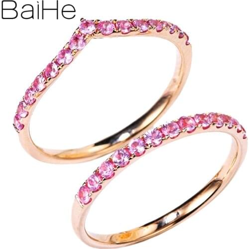 BAIHE Solid 14K Rose Gold 0.34ct/0.36ct Round Natural Pink sapphirs Engagement Fine Jewelry Beautiful pink sapphire Gift Ring