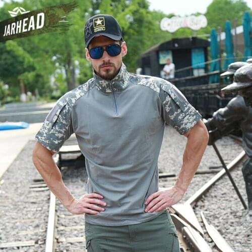 Summer Outdoor Quick-drying T-shirt Men Military Camo Breathable Stand Collar in Short Sleeve Tactical Army Combat Shirt