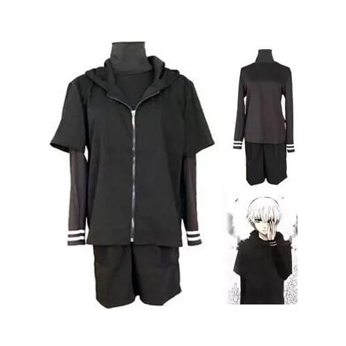 Custom Made Black Perucas Cosplay Tokyo Ghoul Ken Kaneki Cosplay Adult Men Women Costumes( Hoodie+ shirt + Pants) Plus Size