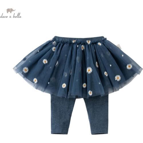 DBJ16496-2 dave bella spring baby girls fashion floral embroidery pants children full length kids pants infant toddler trousers