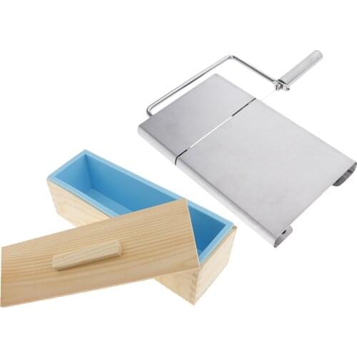 Wooden Stainless Steel Soap Cutter + Rectangle Silicone Soap Making Loaf Mould 900ml for Handmade Soap