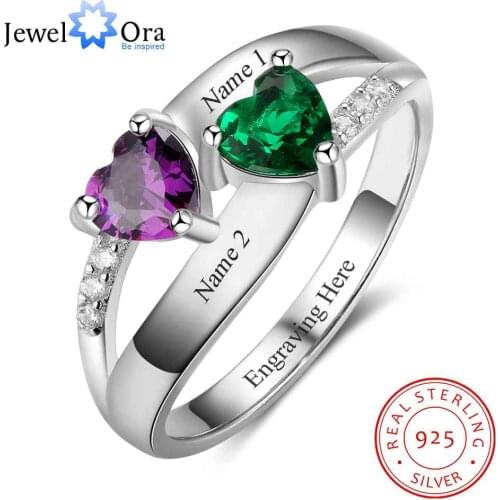 Double Heart Birthstone Ring Personalized Custom Engrave Names Promise Rings 925 Sterling Silver Jewelry (JewelOra RI103276)
