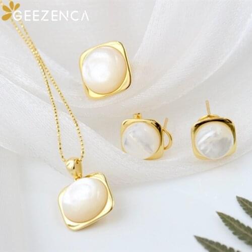 GEEZENCA S925 Silver Goldplated White Shell Jewelry Sets Ring Pendant Earrings Squared Geometric Fine Jewelry Women Gift