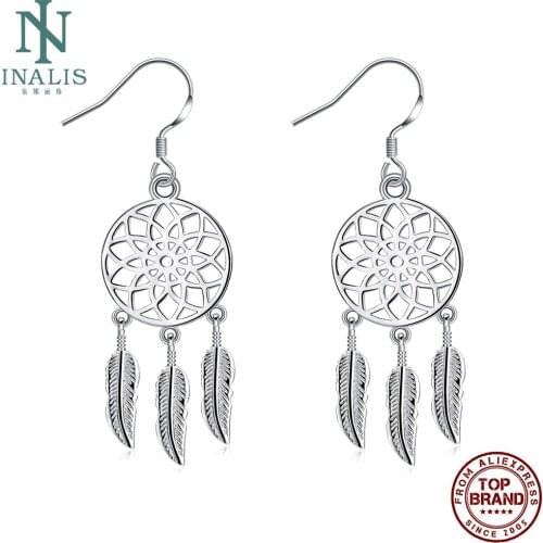 INALIS Romantic Hollow Round Hanging Feather Drop Earrings For Women White Girl Copper Earring Wedding Fashion Jewelry New