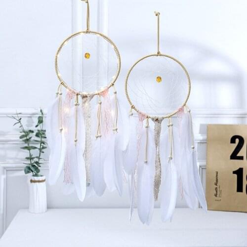 "Arts and crafts girl heart dream catcher with lamp feather hanging ornaments home decoration wall hanging ornaments "