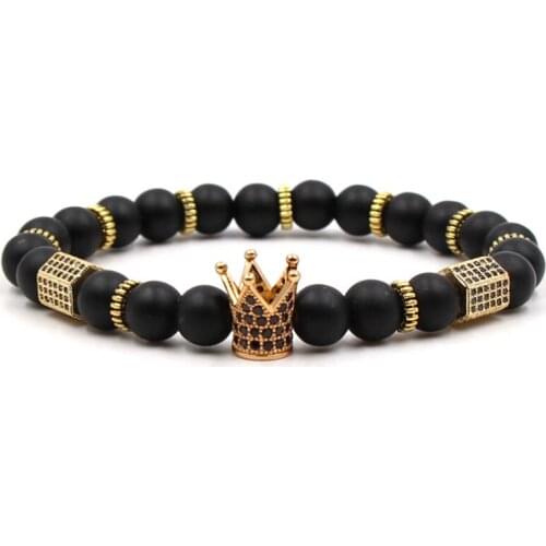 Fashion pink blue Natural Stone Bracelet couple Black Beads Bracelet moon Stone Crown bead Bracelet Jewelry for Men