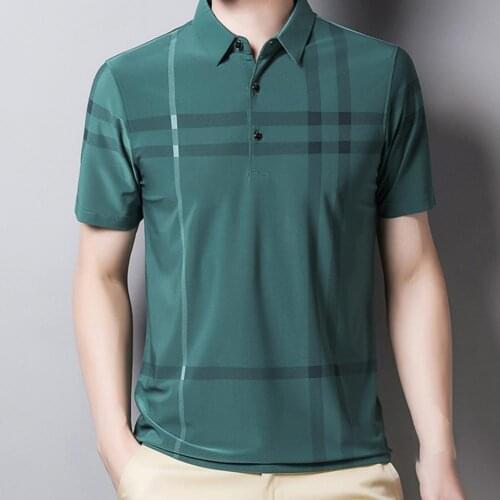 Men Stripe Wrinkle-free Ice Silk Pullover Short Sleeve Slim Fits Shirt Turn Down Collar Black Bottons Male Tops for Business