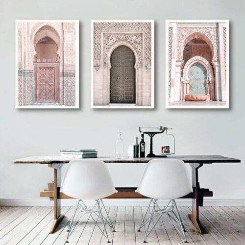 Arch Pink Door Print Kasbah Camel Nordic Animal Picture Painting Modern Decor Allah Islamic Morocco Door Wall Art Canvas Poster