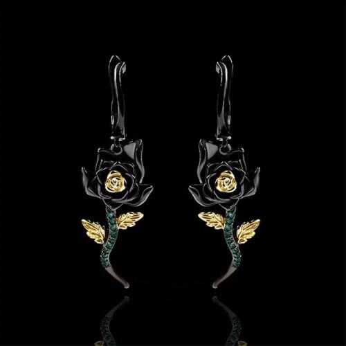 2020 New Luxury Black Camellia Flowers Earrings for Women Wedding Party Vintage Black Gold Dangle Drops Earrings
