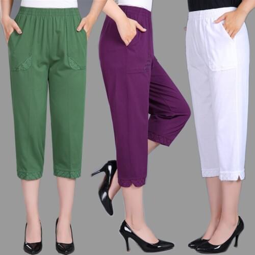 New Womens Pants Summer Thin Calf-Length Trousers Pocket Cotton High Waist Elastic Pants Middle-Aged Ladies Casual Plus size