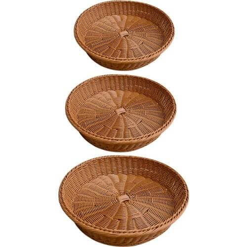 Wicker Woven Round Basket Bread Tray Serving For Food Fruit Cosmetic Storage Tabletop Bathroom Storage Kitchen Organizer