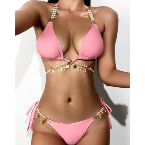 Sexy Two-piece Suits Lady Girls Halter Push Up Bikini Set Female Swimsuits Swimwear Pearl Chain Bather Bathing Suit Beachwear