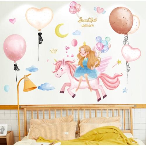 [SHIJUEHEZI] Cartoon Girl Unicorn Wall Stickers DIY Balloons Wall Decals for Kids Bedroom Baby Room Nursery Home Decoration