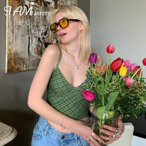 Vintage Green Striped Plaid Camisole Women Y2K Aesthetic Cross Halter Corset Crop Top Summer Cute Sleeveless Clothes Iamhotty