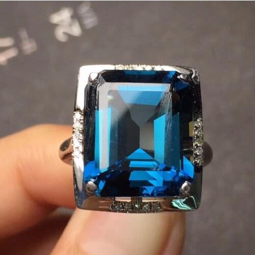 Fine Jewelry Real 18K White Gold AU750 100% Natural London Blue Topaz Gemstone Female Rings for Women Fine Ring