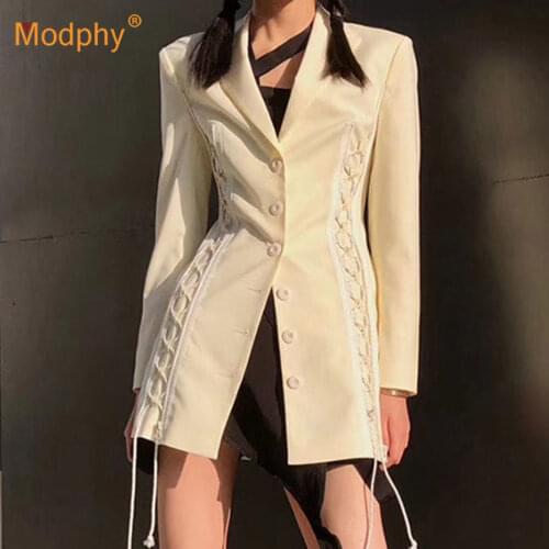 2020 Autumn New Women Blazer Dress Fashion Lapel Long Sleeve Reflective Tie Lace-Up Single Breasted Bodycon Dress Party Vestidos