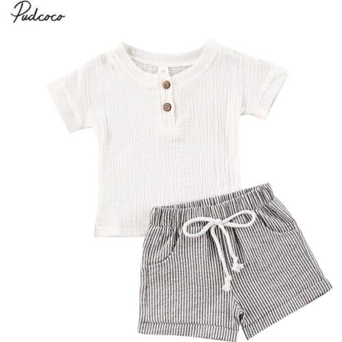 2020 0-3Y Kids Cotton Linen 2pcs Toddler Baby Girl Clothes White Short Sleeve T-shirt Tops Striped Shorts Pants Summer Outfits